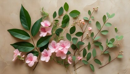 Wall Mural - Delicate pink flowers and vibrant green leaves beautifully arranged on a textured light brown backdrop