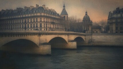 Poster - Serene view of a historic bridge and buildings along a river at dusk.