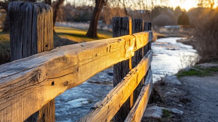 Sticker - A serene wooden fence beside a flowing stream at sunset, capturing nature's tranquility.