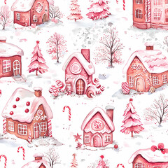 Seamless pattern with cute winter houses and trees, in pastel colors, vector illustration. 