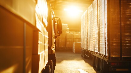 Canvas Print - A sunlit warehouse with trucks and stacked pallets, emphasizing logistics and storage.