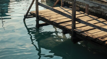 Poster - A weathered wooden dock extends over calm water, reflecting its surroundings.