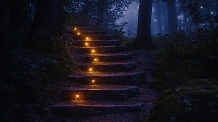 Poster - A serene forest staircase illuminated by glowing candles, creating a mystical atmosphere.