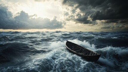 Boat amidst hurricane winds and rain at sea depicting a spiritual background of faith in God and the Old Testament flood narrative