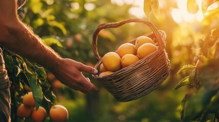 Poster - A hand holds a basket of oranges in a sunlit orchard, symbolizing harvest and nature's bounty.