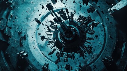 Poster - aerial view of a futuristic, circular structure surrounded by debris in a dark environment.
