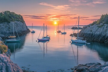 Poster - A serene coastal sunset with sailboats anchored in calm waters.