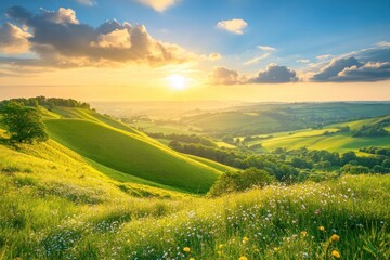 Canvas Print - A picturesque landscape showcasing rolling hills, lush greenery, and a vibrant sunset.