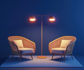 Wall Mural - A cozy seating area with two chairs and a stylish floor lamp against a blue backdrop.