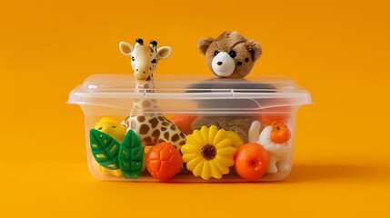 Wall Mural - Wet food container with animal toys on an orange backdrop