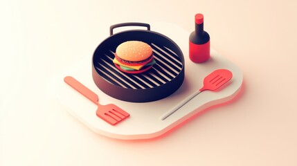 Poster - A stylized burger on a grill with a bottle and spatula, representing cooking and leisure.