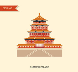 Summer Palace in Beijing China. Flat cartoon style historic sight showplace attraction web site vector illustration