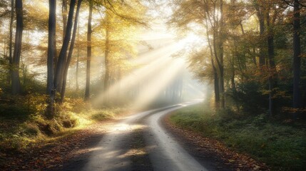 Sticker - A serene winding road through a misty forest illuminated by soft sunlight.