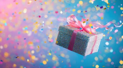 Sticker - A sparkling gift box surrounded by colorful confetti, symbolizing celebration and joy.