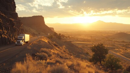 Poster - A scenic sunset view with a truck on a winding road through mountainous terrain.