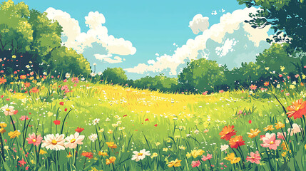 Wall Mural - A picturesque scene of a field of wildflowers in bloom.