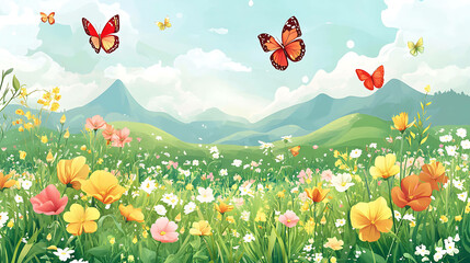 Wall Mural - Beautiful spring meadow with colorful wildflowers and butterflies in front of mountain range.