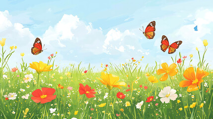 Wall Mural - A colorful field of wildflowers with butterflies fluttering overhead and a bright blue sky.