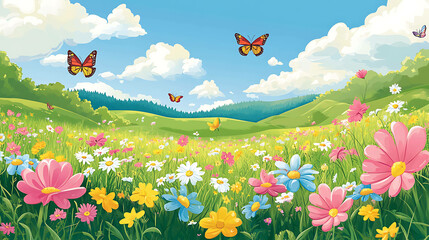 Wall Mural - Colorful wildflowers bloom in a sunny meadow with butterflies flying above.