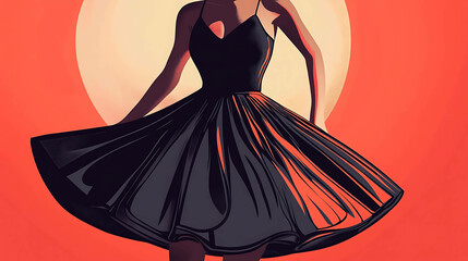 Wall Mural - Woman in a black dress twirling against a red and yellow background.