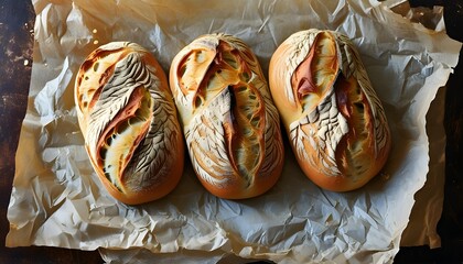 Wall Mural - Artisan loaf resting on parchment, showcasing golden crust and soft interior.