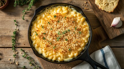 Sticker - A delicious baked macaroni and cheese dish served in a cast-iron skillet.