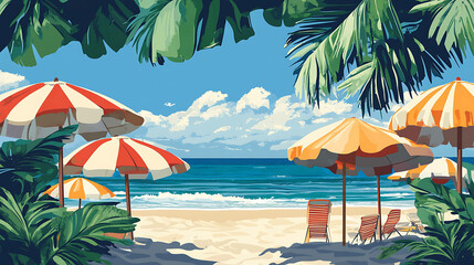 A beach scene with palm trees, beach umbrellas, and beach chairs on a sunny day.