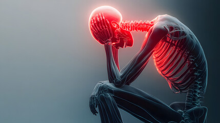 Poster - A skeletal figure sits with its head in its hands, with a red glow highlighting areas of pain.