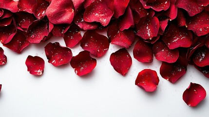 Poster - A close-up of vibrant red rose petals scattered on a white surface, glistening with moisture.