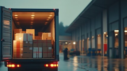 A truck loaded with boxes at a distribution center during twilight.