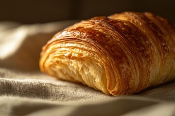 Sticker - A close-up of a golden, flaky croissant resting on a textured surface.