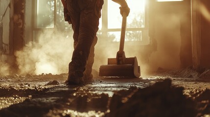 Sticker - A worker using a heavy roller on a dusty construction site during sunset.