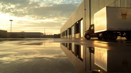 Canvas Print - A truck parked near a warehouse, reflecting in puddles during a golden hour sunset.