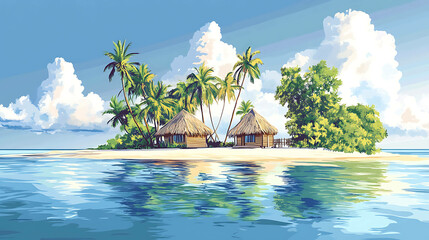 Wall Mural - Tropical island with palm trees, blue sky and crystal clear ocean.