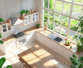 Poster - Bright, modern kitchen with large windows and plants, showcasing a cozy and inviting space.