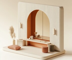 Wall Mural - A modern, minimalist vanity setup with a mirror, soft colors, and decorative elements.