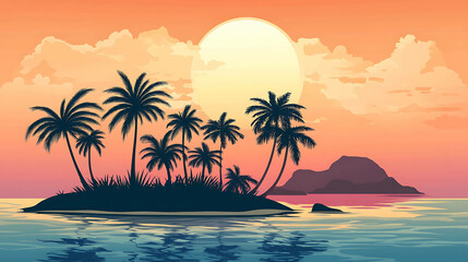 Wall Mural - Silhouette of a tropical island with palm trees against a sunset sky.