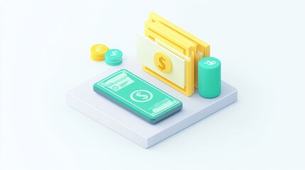 Poster - A digital wallet with money, folders, and coins, representing financial management.