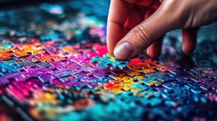 Sticker - A hand places a colorful puzzle piece onto a vibrant, partially completed puzzle.