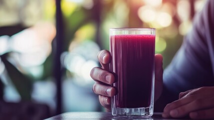 Wall Mural - A hand holding a glass of deep red juice, set against a blurred background of greenery.