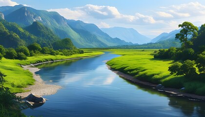 Wall Mural - Tranquil river meandering through vibrant green valley with majestic mountains towering in the background