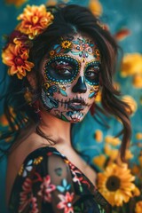 Wall Mural - A woman wearing vibrant makeup and adorned with flowers in her hair