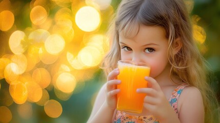 Poster - A young girl enjoys a refreshing orange drink against a warm, blurred background.