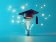 © john - Futuristic smart education with bachelor cap and light bulb on blue background. AI generated image