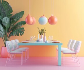 Wall Mural - A colorful dining setup with a modern table, chairs, and decorative plants for gatherings.