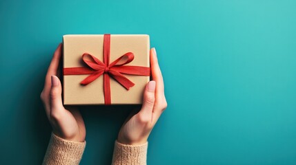 Wall Mural - A pair of hands holding a gift-wrapped box with a red ribbon against a teal background.