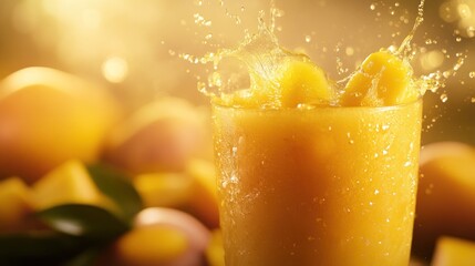 Canvas Print - A refreshing mango smoothie splashes in a glass, surrounded by mangoes and a warm glow.