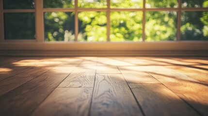 Wall Mural - A sunlit wooden floor with a view of greenery through large windows.