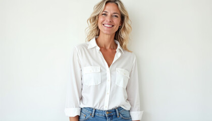 Sticker - Portrait of a smiling middle-aged woman in casual attire against a plain white background.






