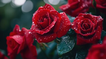 Poster - Close-up of red roses with droplets, showcasing their beauty and freshness.